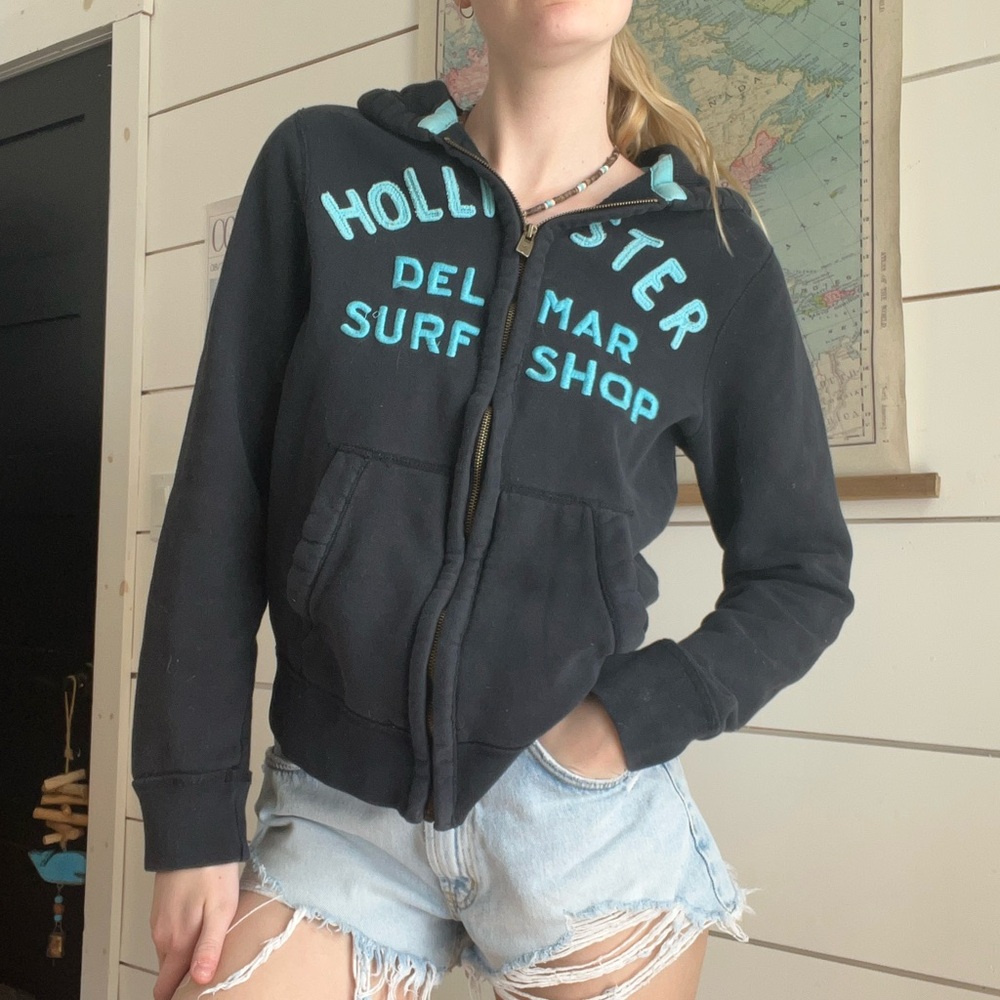 Hollister Surf Club Navy Hoodie with Teal Accents
